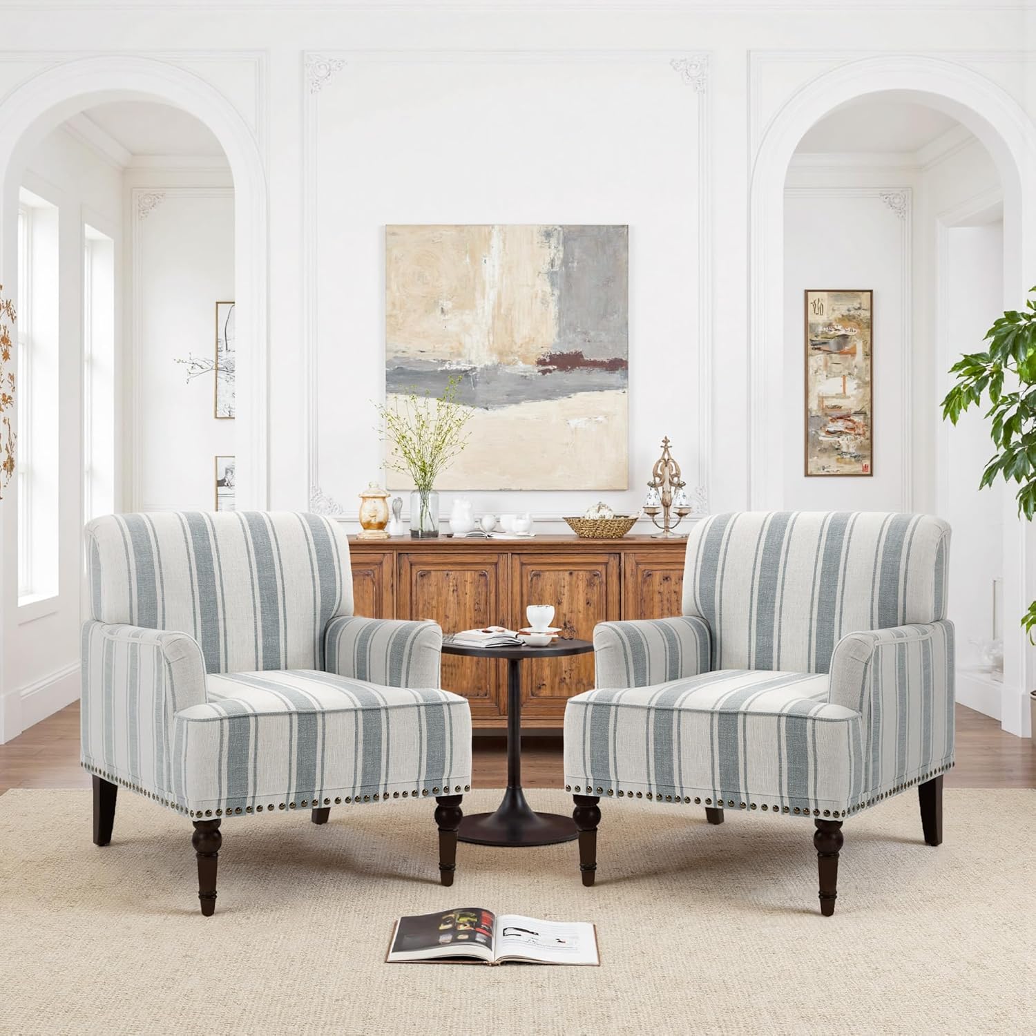 Pia Ricco Stripe Accent Chair-Modern Nailhead Trim & Wood Legs Armchair - Comfy Living Room, Bedroom, or Home Office Seating-Light Blue