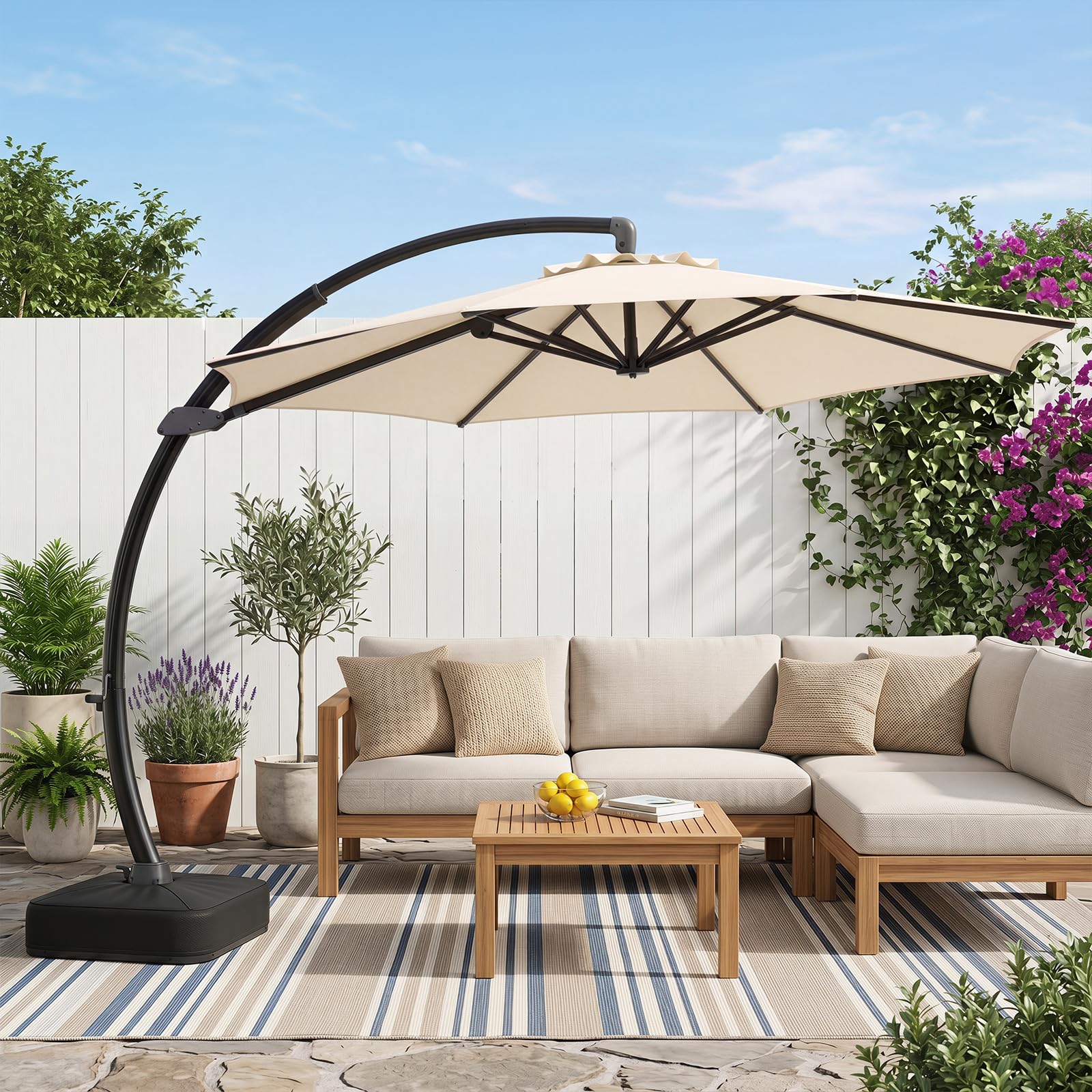 COSTWAY Parasol przeciwsłoneczny ze stojakiem, 330 cm, aluminiowy parasol przeciwsłoneczny z korbą, obracany o 360°, bezstopniowo regulowany kąt nachylenia, duży parasol ogrodowy, parasol tarasowy do