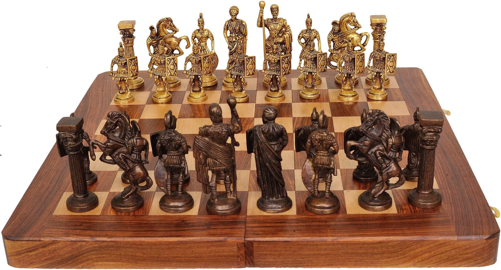 SHORO Skywalk Hand Crafted Roman Brass Chess Set with Wooden Board, 2 Players for kids and adults,Brown
