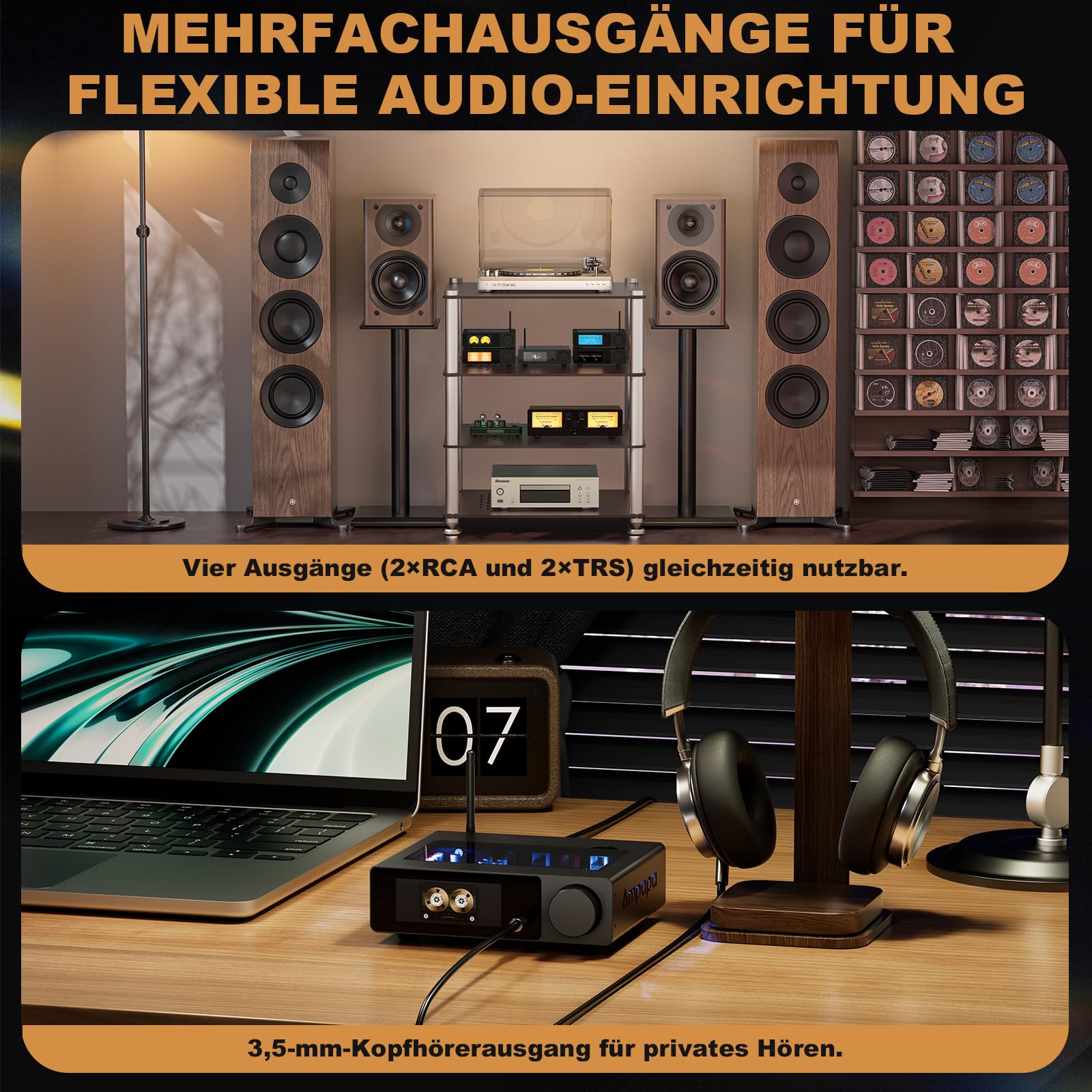 Q1 Digital-Analog-Wandler: HiFi USB DAC Adapter 768 kHz/32 Bit DSD512, APTX-HD Bluetooth 5.2 Kopfhörerverstärker mit ESS9039+AK4493 für Heimstereo-Verstärker und Desktop-Hören
