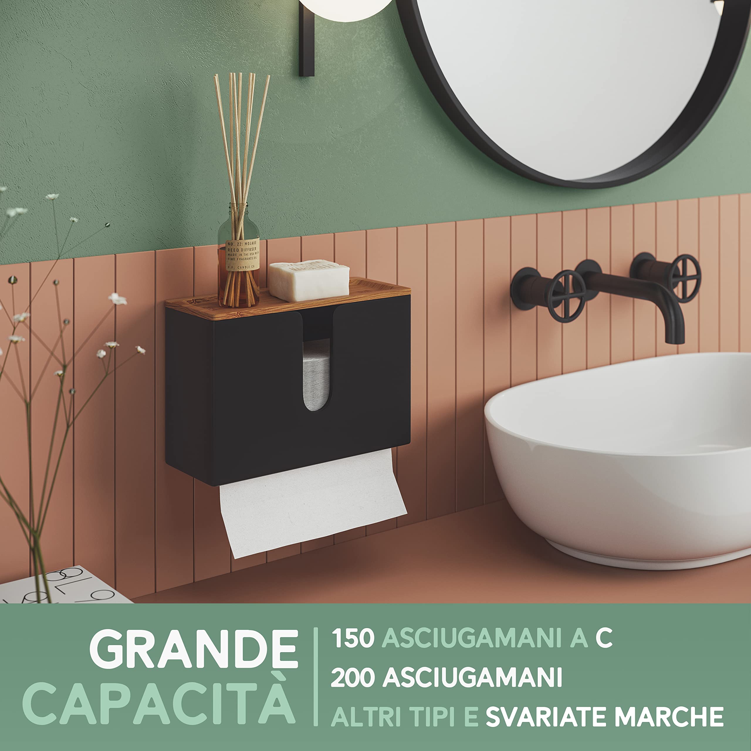 NATURE SUPPLIES Dispenser per Carta Asciugamani in Legno - Porta Salviette da Parete e da Tavolo per Tovaglioli Piegati a C, a Z ed Intercalati (Bamboo Naturale, Standard)(Nero, Top)