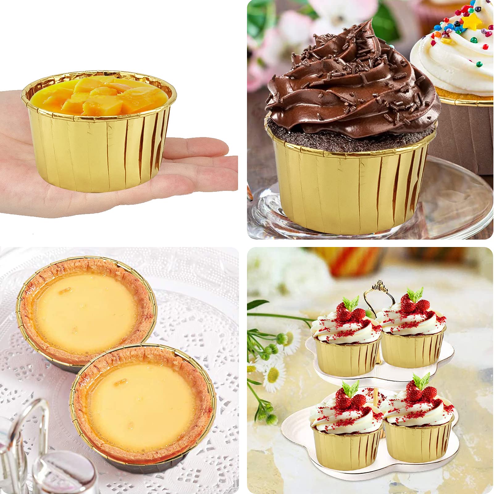 LNYZQUS wkładki do babeczek z pokrywkami, 100 sztuk, 155 ml duże foliowe kubki do pieczenia muffinek, jednorazowe ramekiny kubki do babeczek do babeczek owijki na babeczki uchwyty na ślub walentynki, z łyżeczkami - złote