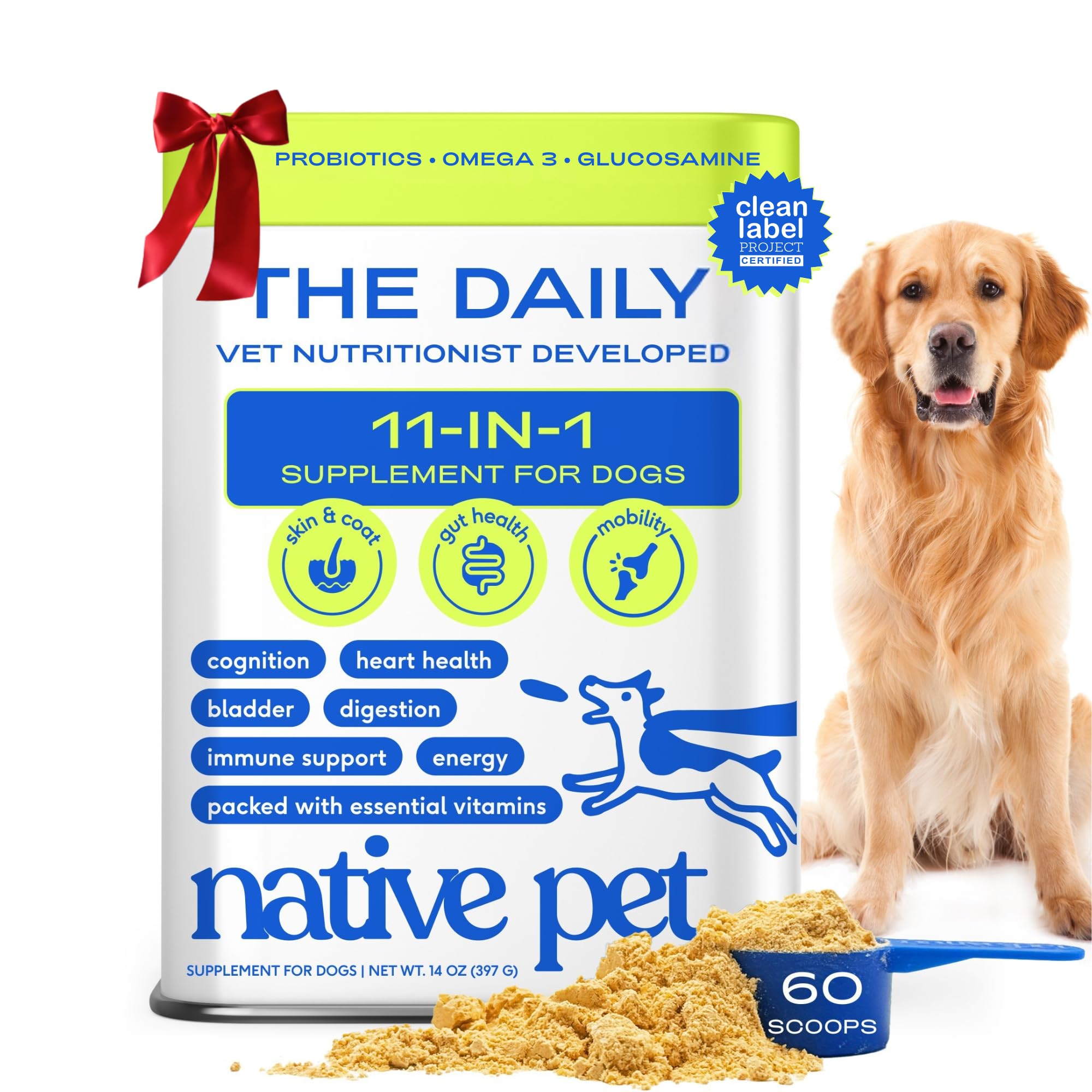 Native PetDog Vitamins & Supplements - 11-in-1 Vitamin Powder for Dog Food Topper - Collagen, Glucosamine, Probiotics, Omega & More- Supports Healthy Gut, Mobility & Overall Health - 60 Scoops