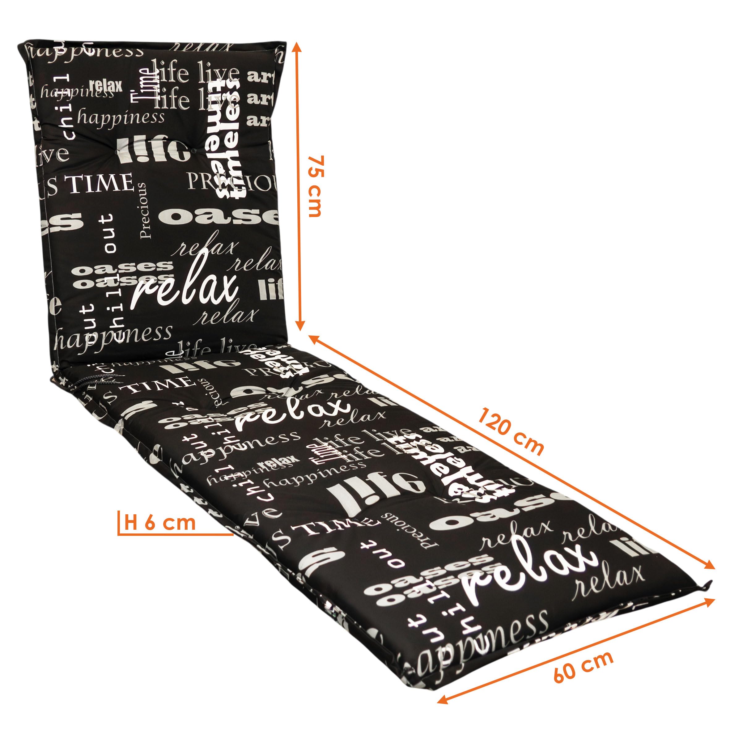 Spetebo Sonnenliegen Polsterauflage 190 x 60 cm - Lifestyle - Universal Kissen für Gartenliegen - Liegestuhl Polster Deckchair Auflage Liegekissen Liegenauflage schwarz mit modernen Schriftzügen