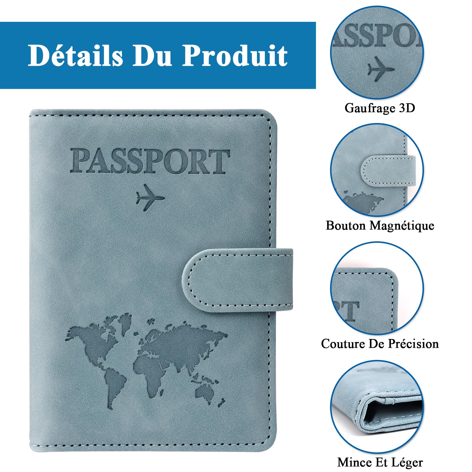 GADITIEK Protege Passeport et Etiquette Valise Set, Cuirs Protège Passeport avec Étiquette Bagage, Pochette Passeport avec RFID pour Protection Passeport, Voyage Francais Etui Passeport (Bleu)