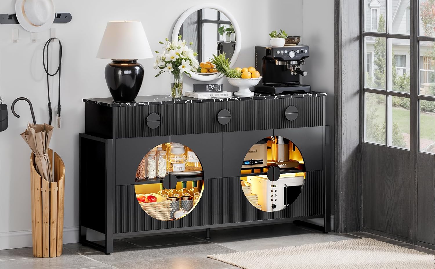 LGHM Fluted Buffet Cabinet, 62" Buffet Cabinet with Marble Top, Modern 3 Drawers Coffee Bar, Wine Bar Storage Cabinet with Adjustable Shelves and & 4 Doors for Kitchen, Living Room, Black