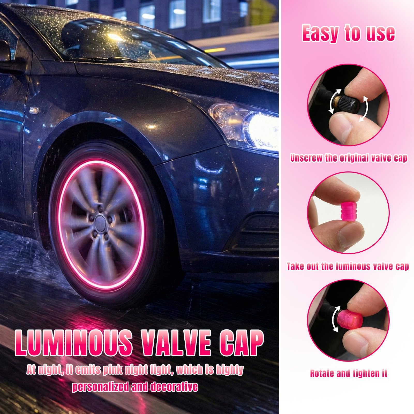 12 Piezas Tapas de Válvulas Luminosas para Coche, Tapones Rueda Coche Fluorescente, Tapones Fluorescentes para Neumáticos, Tapas Luminosas Accesorio Universal para Aire Coche Bicicleta Moto (Rosa) — view 7