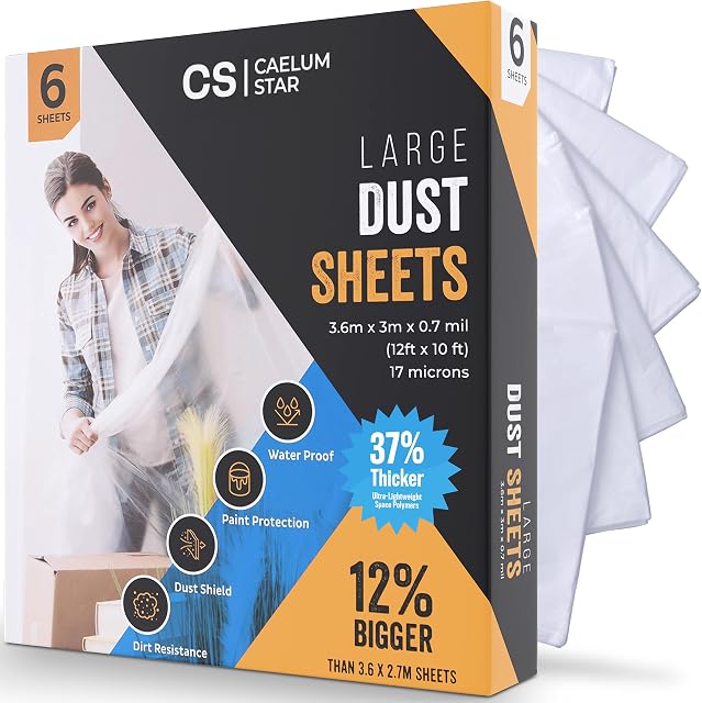 Caelum Star 6 Pack Large Plastic Dust Sheets for Decorating, 3.6m x 3m x 0.7mil (12ft x 10ft), 37% Heftier, 17 Micron Polythene, Lightweight Plastic Sheeting for Furniture, Plastic Sheets for Painting
