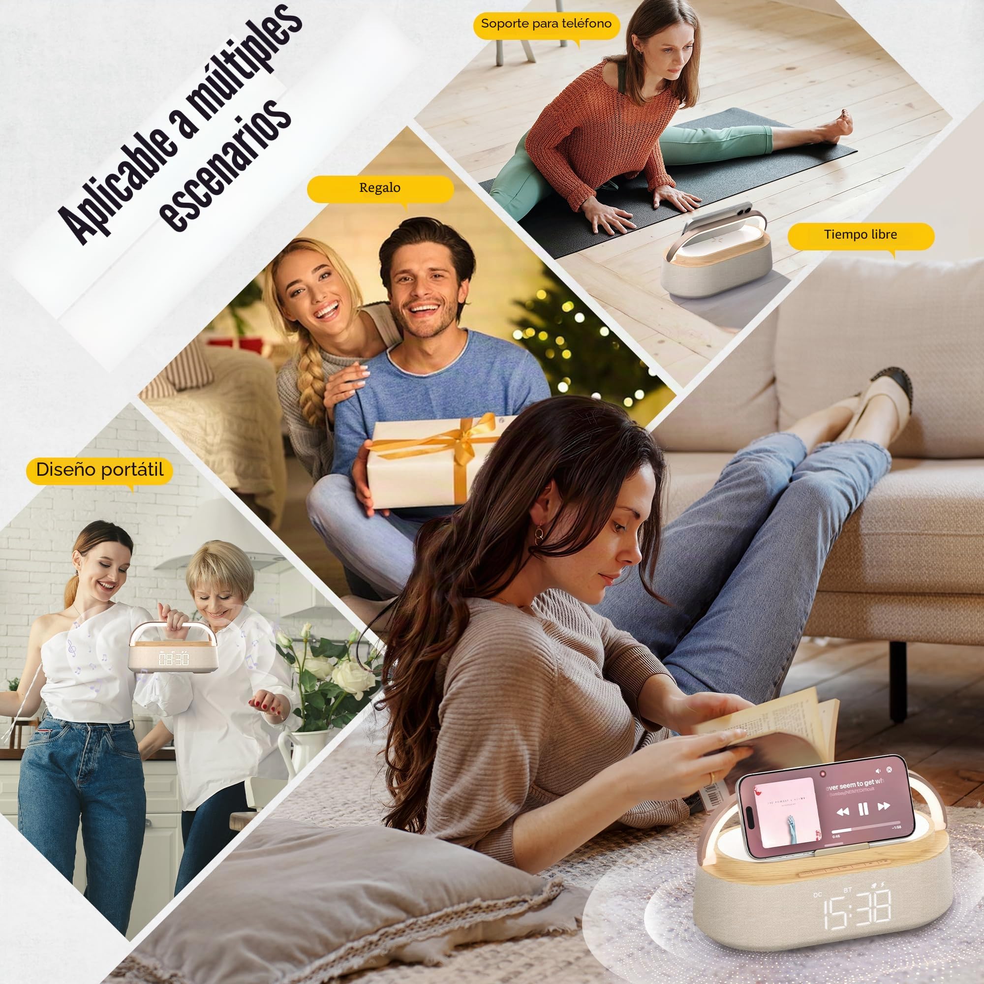 COLSUR Radio Despertador Digital con Carga Inalambrica, FM Radio con Puerto de carca USB, Pantalla LED Ajustable, Luz Nocturna, Bluetooth, Alarma de Temporizador de Apagado y Soporte para Teléfono