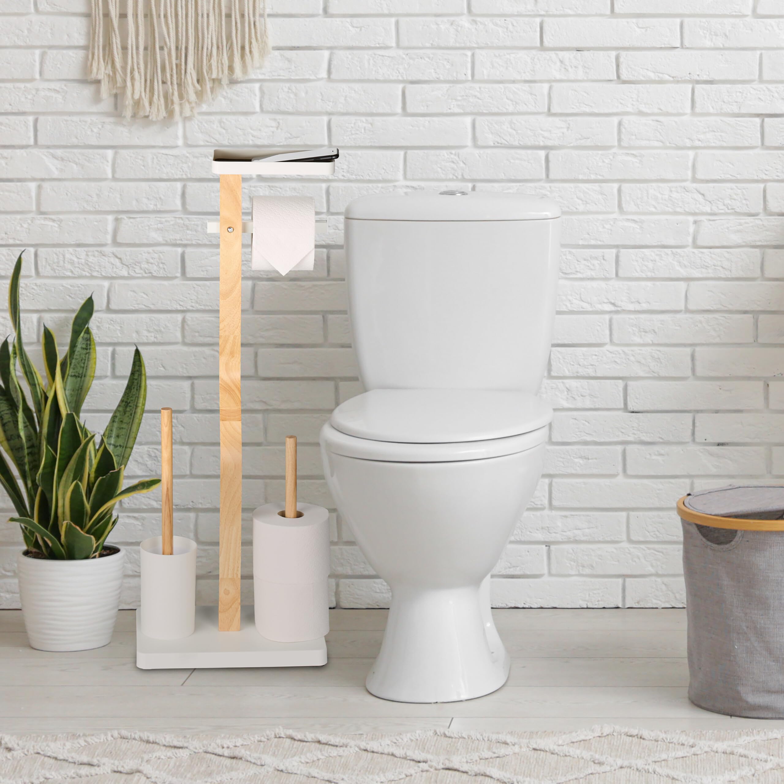 Relaxdays Serviteur WC Non Fixe, avec Support pour téléphone, H x L x P : 80 x 30 x 20 cm, Noir et Nature