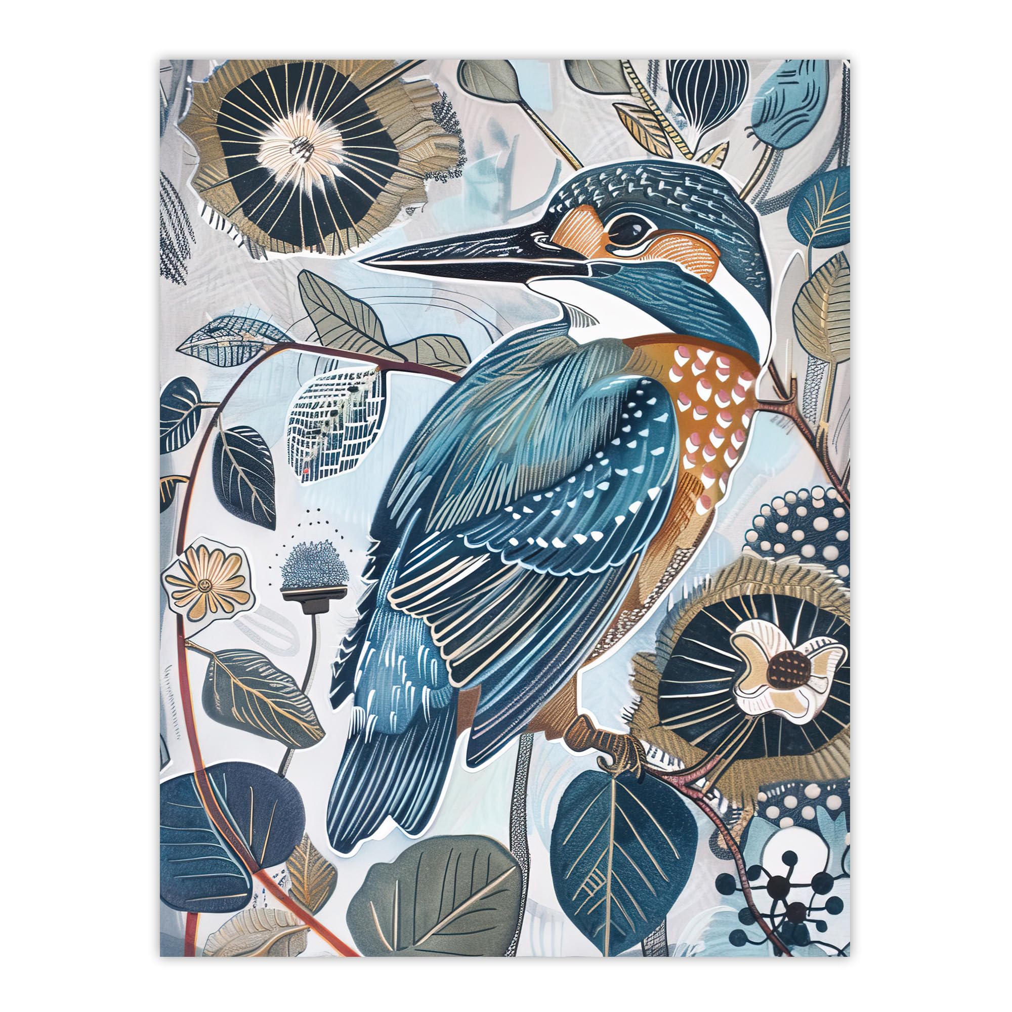 Artery8 Kingfisher Bird Wildflowers Artwork Blue Floral Living Room Large Wall Art Poster Print Thick Paper 18X24 Inch
