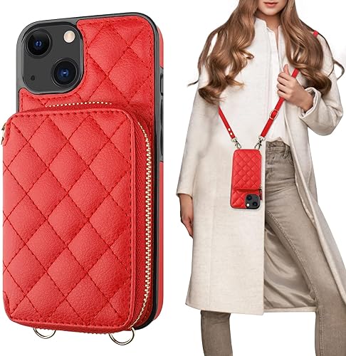 Miniatura 9 de Bocasal Funda tipo cartera cruzada para iPhone 13, con bloqueo RFID, de piel sintética, con cremallera, funda tipo cartera con función atril y