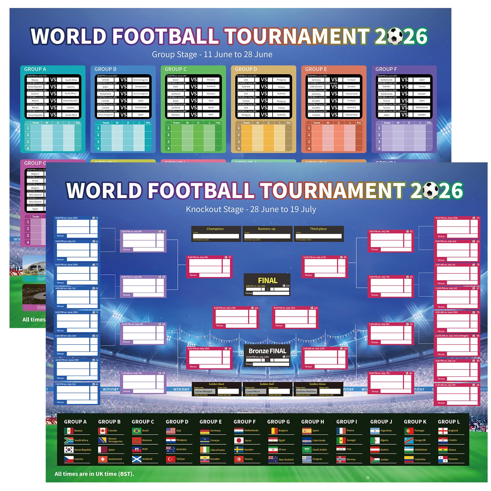 2 Pcs World Cup Wall Chart 2026, A2 Size Football Tournament Poster Includes 48 Teams Group & Knockout Final Results, Portable Match Schedule with Kick Off Times (BST), Stadiums & Host Cities etc.