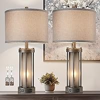 Vista 11 de RORIA - Juego de lámparas de mesa de granja para sala de estar con 2 puertos de carga USB, lámpara de mesita de noche rústica vintage con luz 1