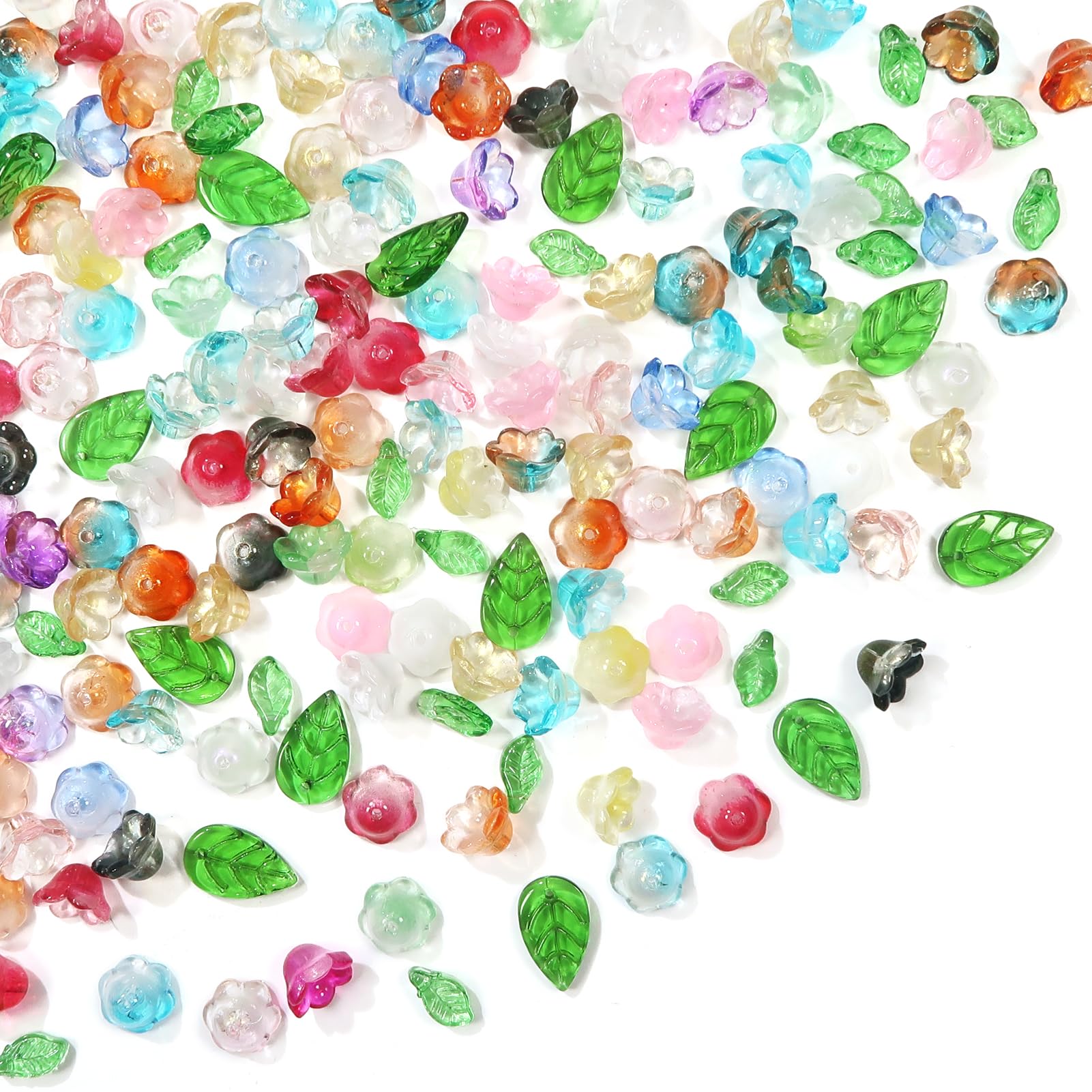 TOAOB 240pcs Glass Bellflower Beads 12mm Mixed Color Trumpet Flower Leaves
