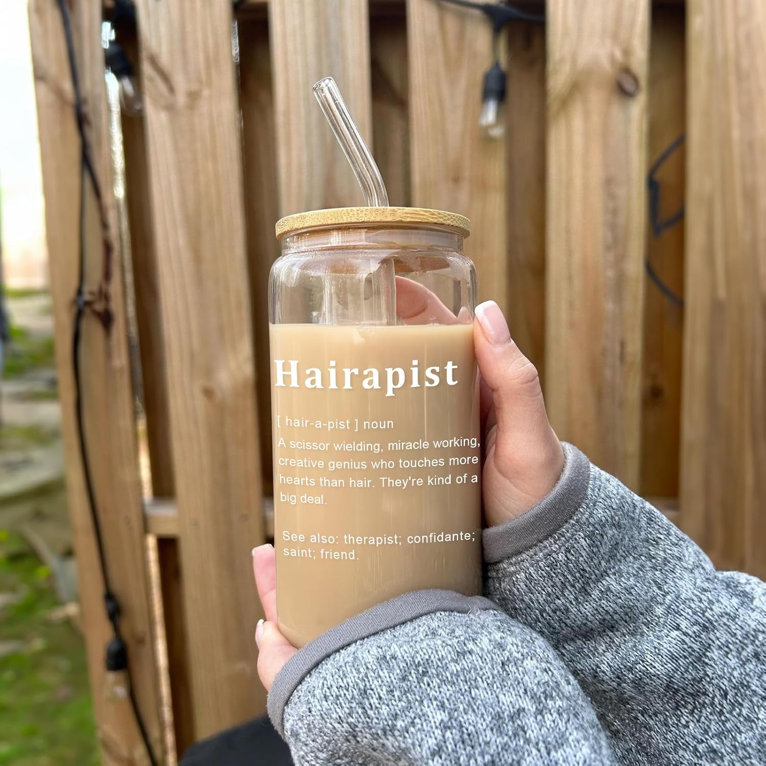 Hairdresser Gifts for Women - Hairapist Glass Cups with Lids and Straws, Barber Hair Stylist Gifts Female Men, Barbershop Hair Salon Decor, Funny Cute Iced Coffee Cup Smoothie, 16 oz - Image 4