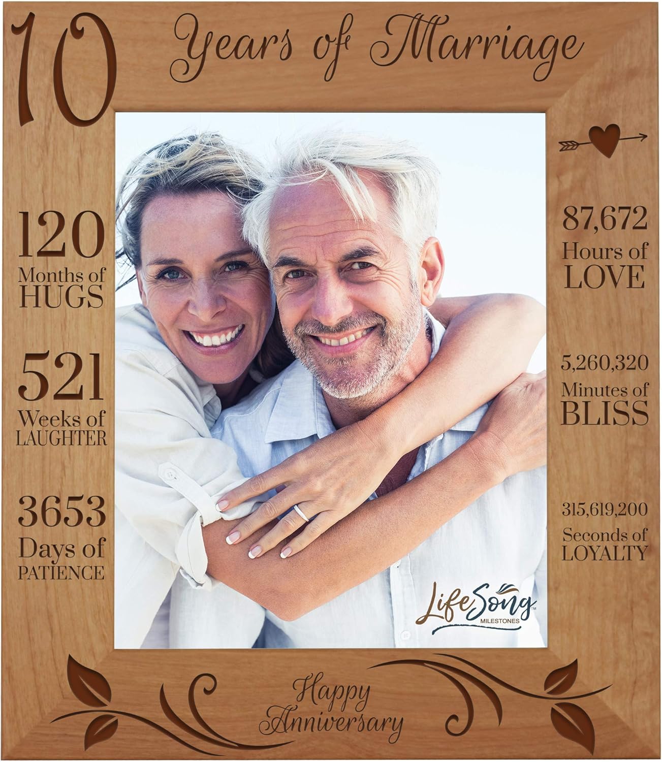 LifeSong Milestones 10th Anniversary Picture Frame 10 Years of Marriage - Ten Year Wedding Keepsake Gift for Parents Husband Wife him her Holds 8x10 Photo - Happy Anniversary (11.5x13.5)