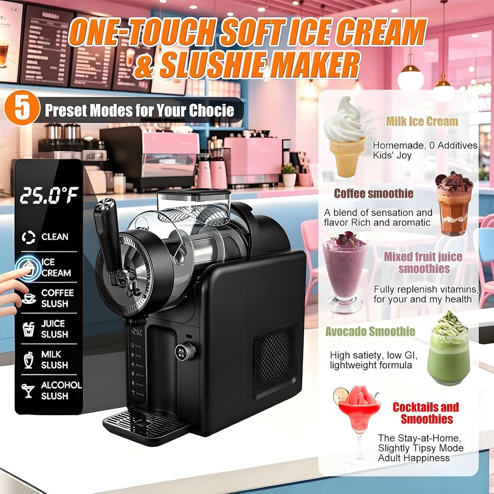 Máquina de Helado Suave de 2 Litros, Máquina de Granizados con 5 Modos Preestablecidos, No Necesita Hielo, Máquina de Bebidas Congeladas Autolimpiante Para Fiestas, Cafeterías y Reuniones Famil black