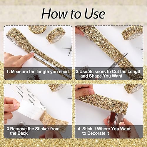 Miniatura 4 de Cinta de diamantes de imitación de cristal brillante, cinta autoadhesiva para tartas de boda, cumpleaños, manualidades (dorado, 1.1 pulgadas de