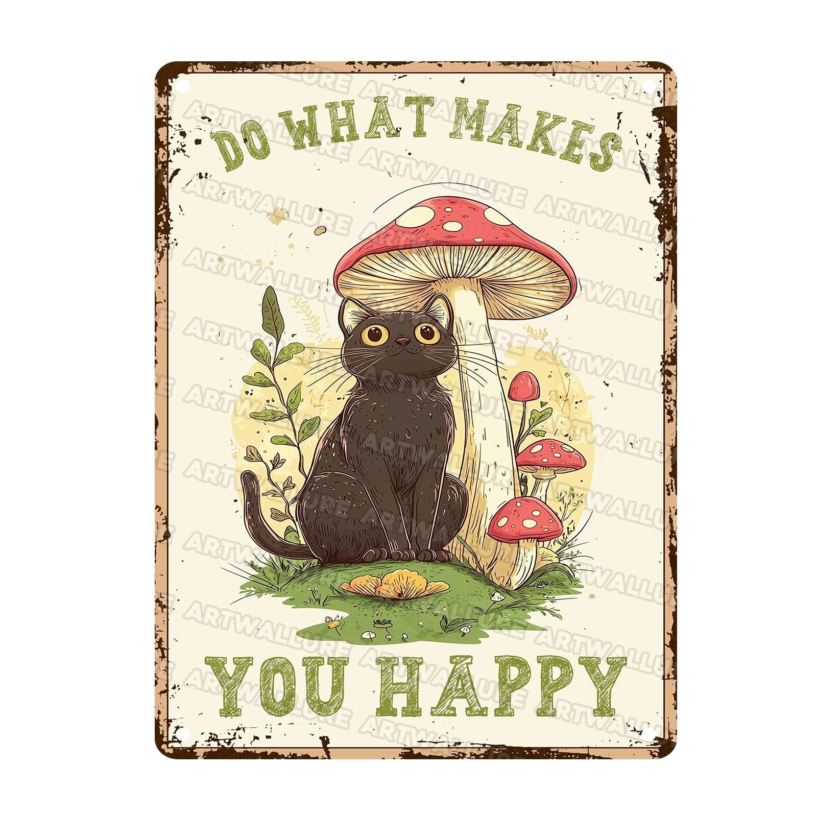 Black Cat Mushroom Sign for Home Decor Cute Cat Mushroom Sign Forest Cottagecore Wall Art Metal Plaque for Backyard Oasis Garden Bathroom 12x16Inch