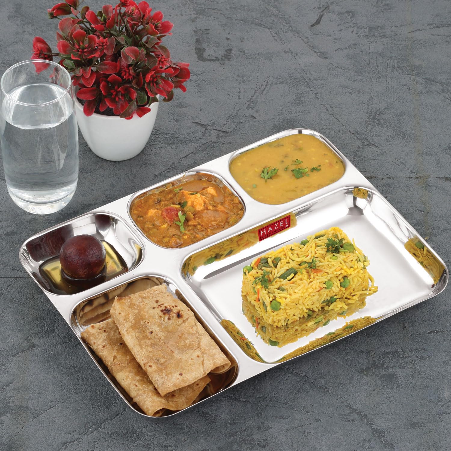 HAZEL Stainless Steel 5 Compartment Section Plate | Divided Meal Tray for Kids & Adults | All-in-One Thali for Lunch, Dinner & Serving-image-42