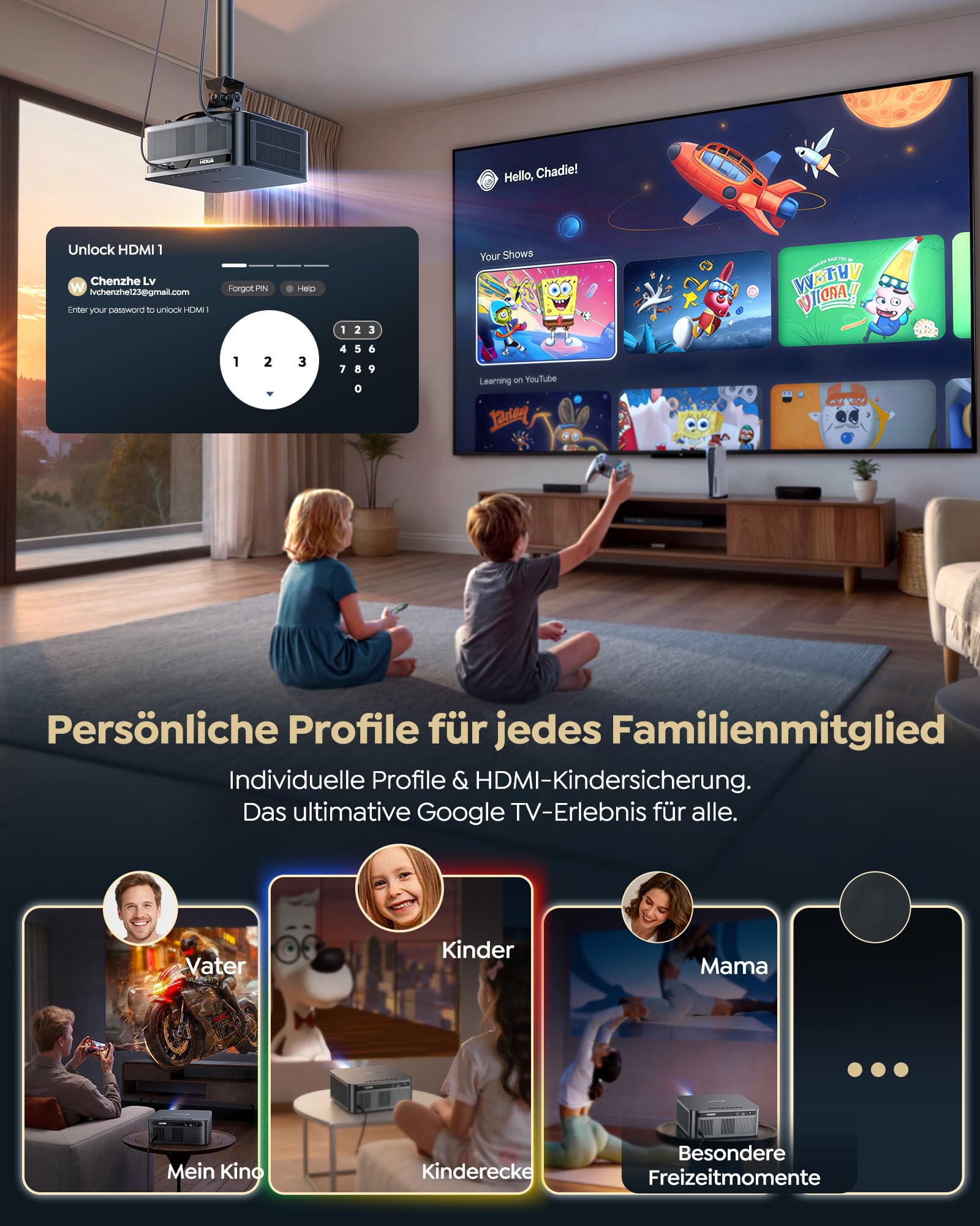 Beamer 4K mit Google TV 14.0, 2200 ANSI, MEMC, HDR10, 40W Dolby Audio, 4K Beamer Heimkino KI-Bildanpassung Smart Projektor Google Sprachsteuerung 2-Wege Bluetooth 5.4 WiFi6 2+32GB HDMI 2.1