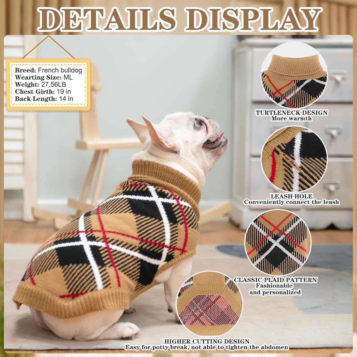 EXPAWLORER Small Dog Sweater for Medieum Large Dogs, Knitted Pullover Turtleneck Fall Cold Weather Classic Plaid Pet Clothes Sweatshirt Outfits for Winter, Girl/Boy Knitwear with Leash Hole Beige M