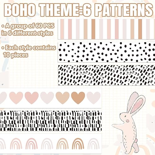 Miniatura 3 de 69 pies, diseño bohemio de rayas con diseño de arco iris, corazón, lunares, colorido, estético, calcomanías retro para tablón de anuncios, para