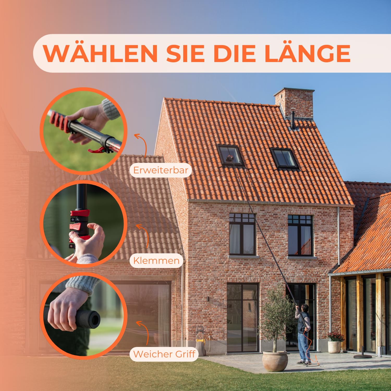 aquascopic 2-in-1 Teleskopstange mit 5-Flächen-Bürste und Fensterwischer– Fensterputzer längenverstellbar – 10m – Fensterreiniger für Sonnenkollektoren - Interner Wasserschlauch