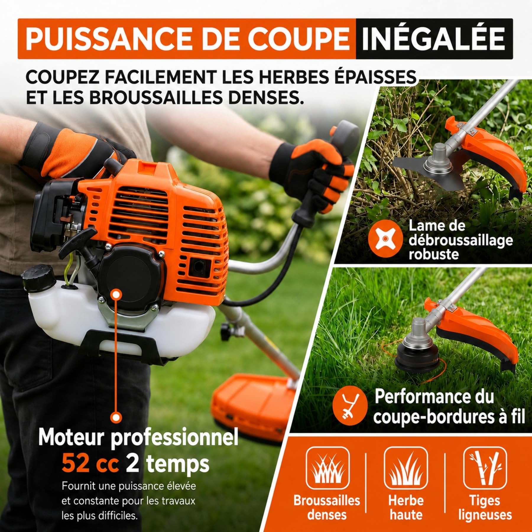 Débroussailleuse Thermique 52 cm³, Débroussailleuse Essence 2 Temps 2,2 KW 8500 TR/Min, 2 en 1 Coupe-Bordure avec Lame 3 Dents, Tête à Fil, Guidon en U Anti-Vibration