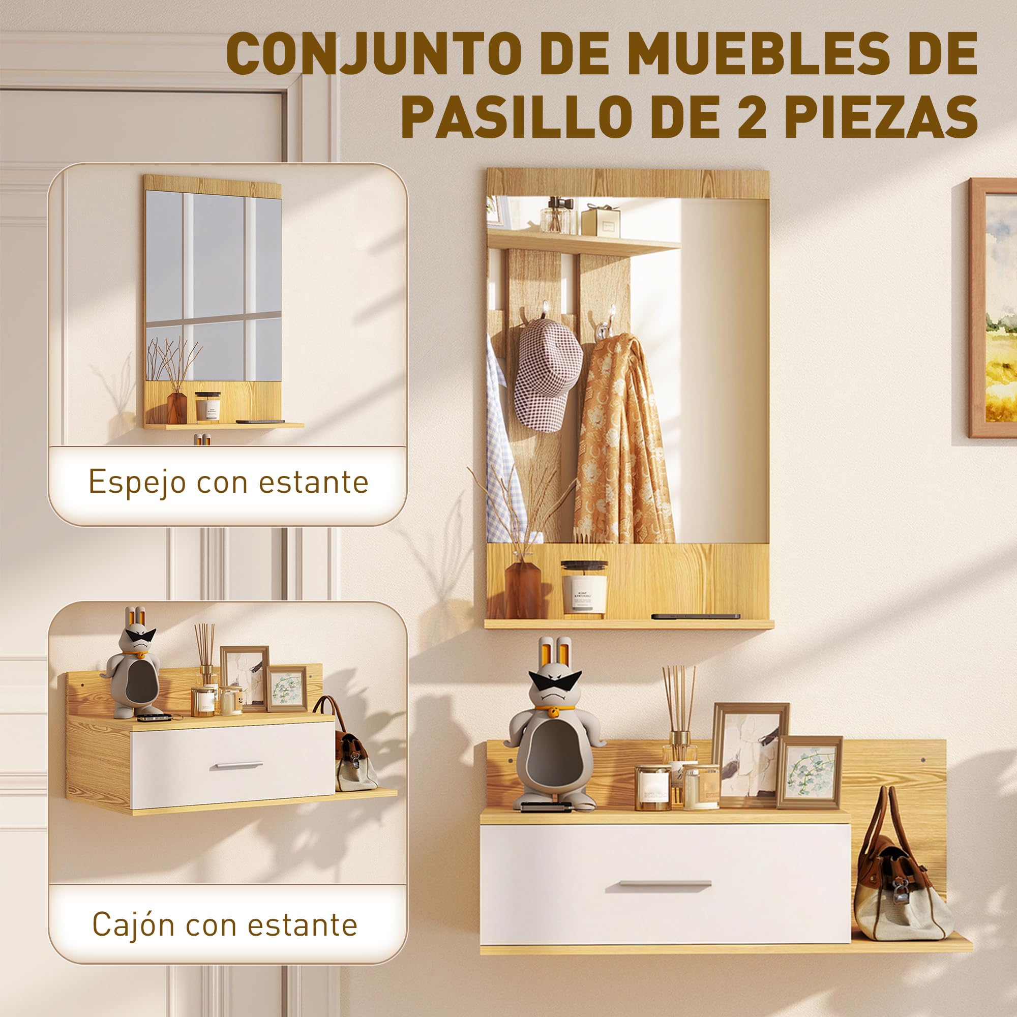 HOMCOM Conjunto de Recibidor de Entrada de Pared con Espejo, Cajón y 2 Estantes Abiertos, Muebles Recibidor para Pasillo, Madera Natural