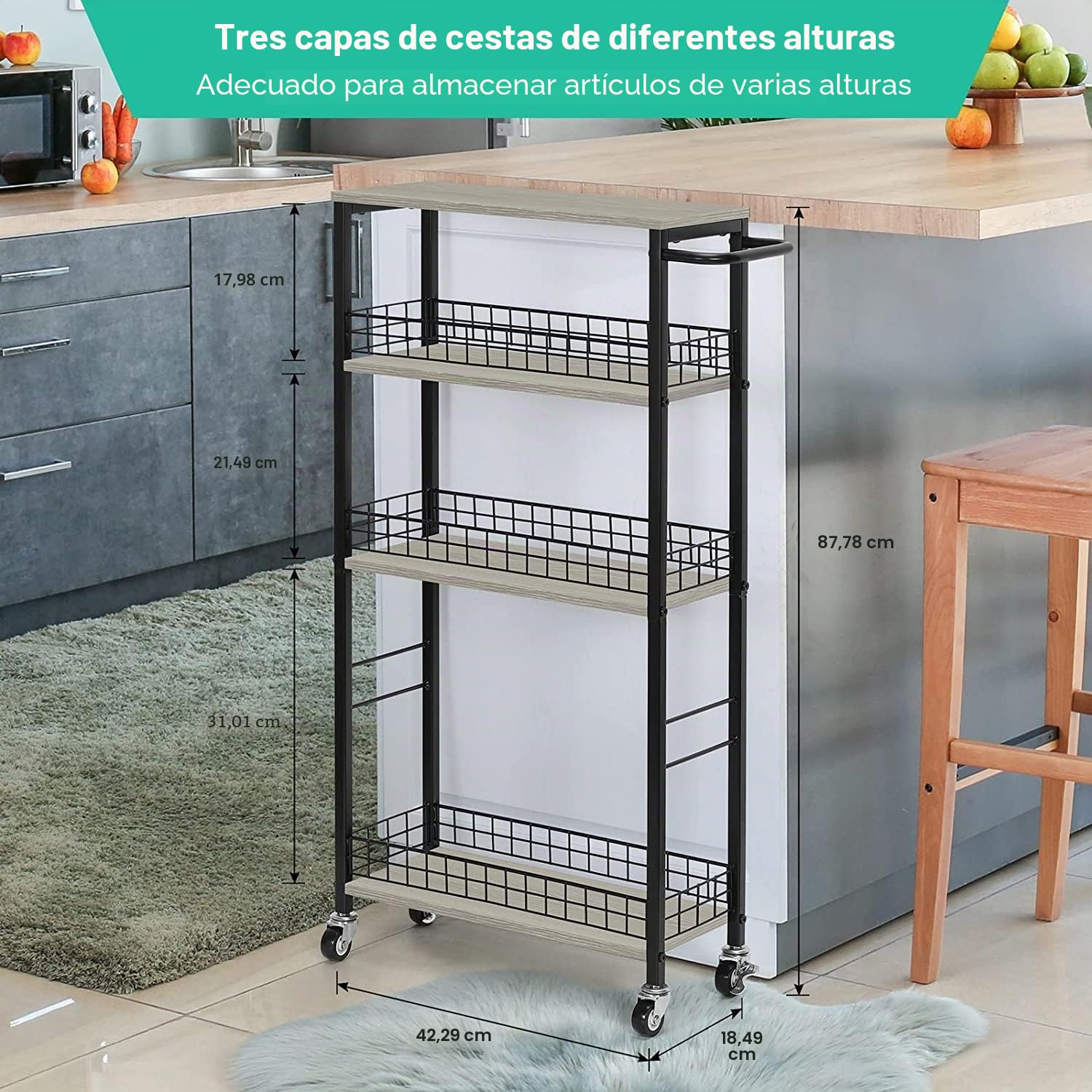 YBING Carrito de almacenamiento delgado de 4 niveles delgado con ruedas, carrito de cocina estrecho móvil con mesa de madera gris, despensa, espacio de 7.3 pulgadas de ancho