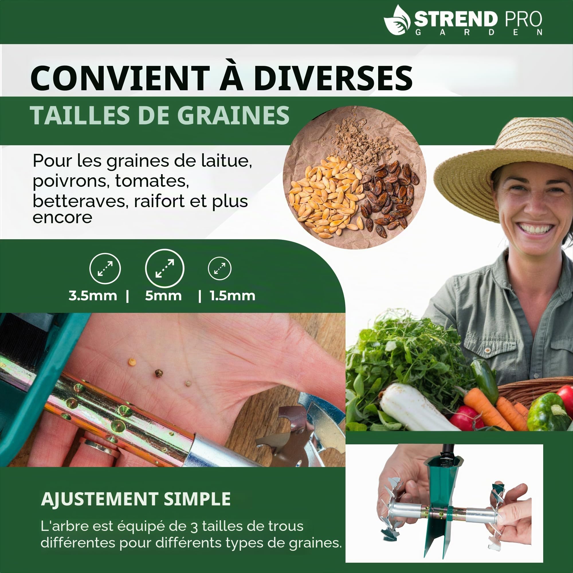 STREND PRO Semoir manuel - Métal - Simple rangée - Taille de graines réglable (1,5 ; 3,5 ; 5 mm) - Épandeur de graines pour petites surfaces, parterres, jardin, serres - Épandeur de graines manuel