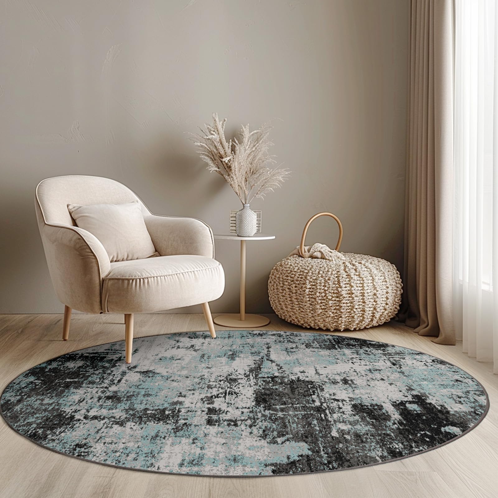 Washable Area Rugs 4ft Non-Slip Modern Abstract Soft for Living Room Entryway Bedroom Nursery, Print Pattern, Blue Black Teal