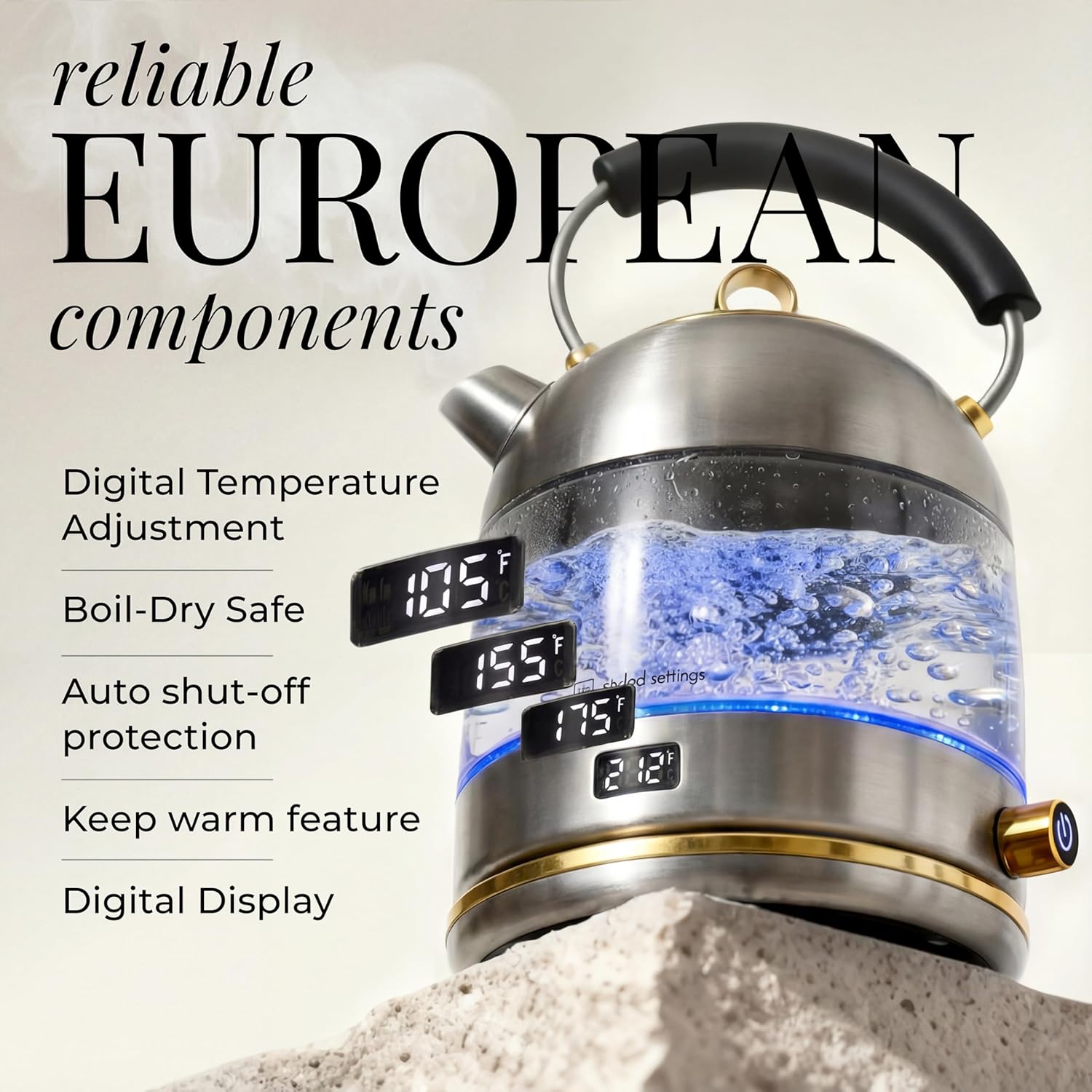 Stainless Steel Electric Kettle with Temperature Control - BPA and Plastic Free Electric Kettle with Keep Warm Function, Borosilicate Glass - Fast 1500W Hot Water Boiler, Auto Shut-Off