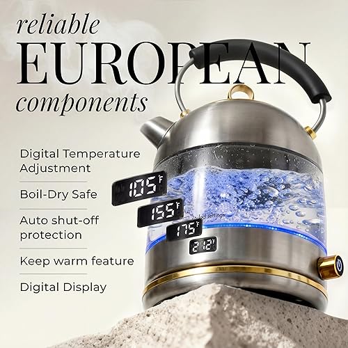 Miniatura 3 de Hervidor eléctrico de vidrio, sin plástico, acero inoxidable, apagado automático y función de mantener el calor, tetera negra y dorada con control