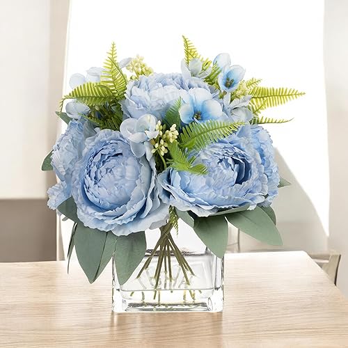 Miniatura 2 de ENOVA FLORAL Arreglo floral artificial con jarrón, mezcla de peonías de seda artificial en jarrón para decoración en casa, oficina, centro de mesa