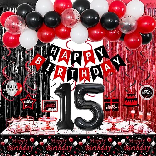 Decoraciones de cumpleaños de 15 años para niños y niñas, globos rojos y negros de cumpleaños número 15, pancarta con el número 15, mantel de disponible en Yaxa Colombia