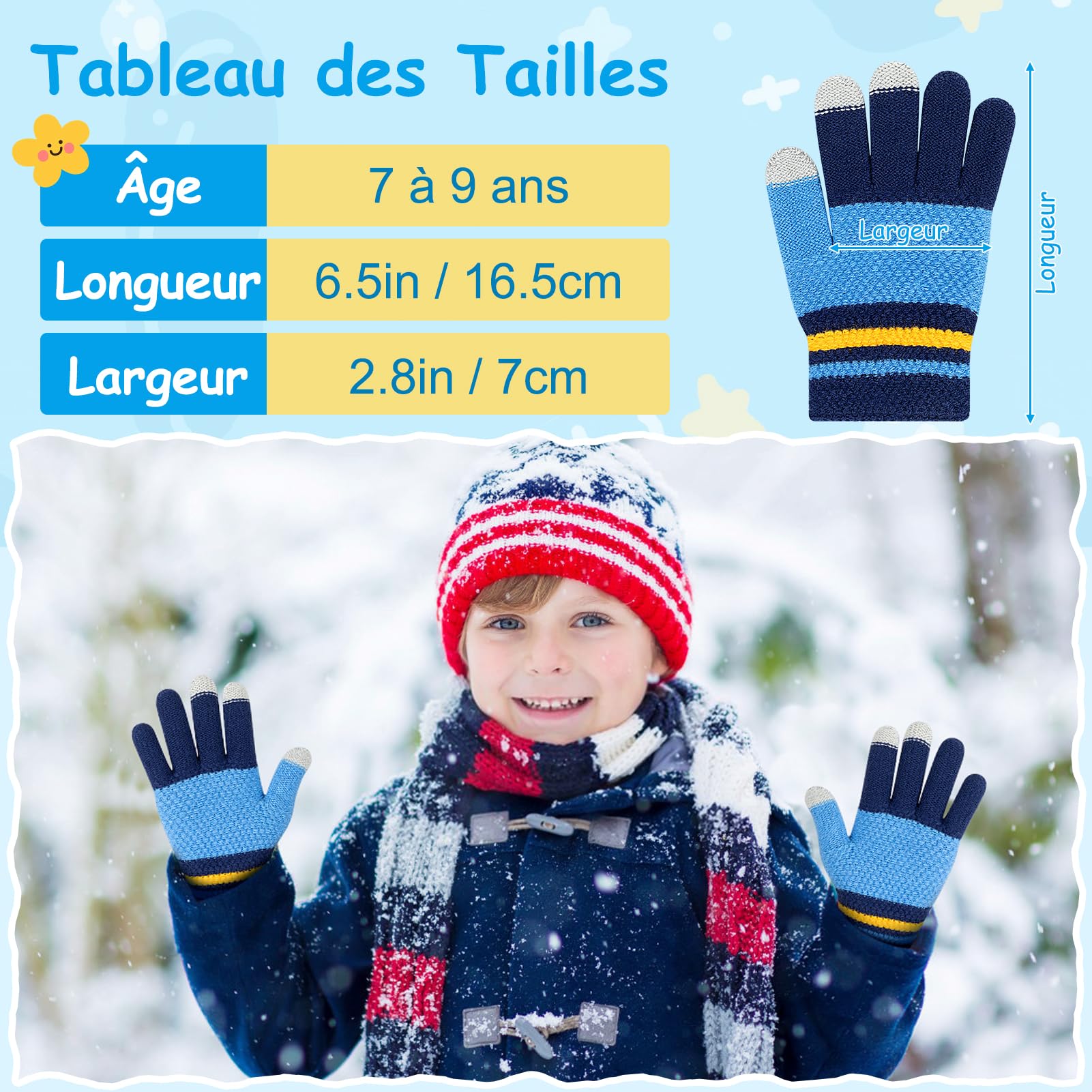 Kiiwah 3 Paires Gants Tricotés Chauds pour Enfants, Doigts Complets Thermique, Garçons 7-9 Ans (Bleu, Marine, Gris)
