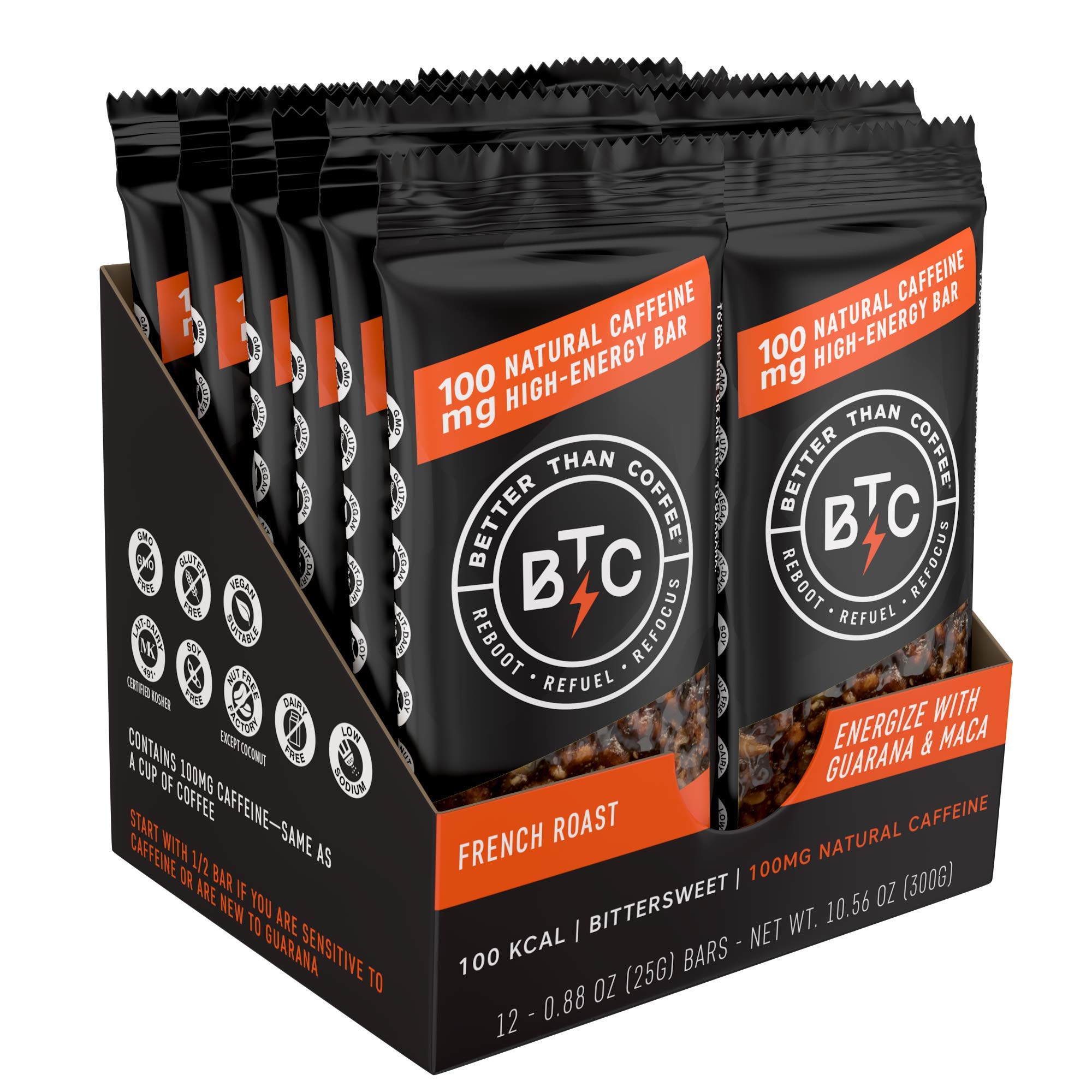 Better Than Coffee Energy Bars - Natural Caffeine Energy Bars - Gluten Free Energy Bars - Caffeinated Chocolate Bar - Hiking Bars - 100mg Caffeine Snack - French Roast Coffee Bar (12 Count)