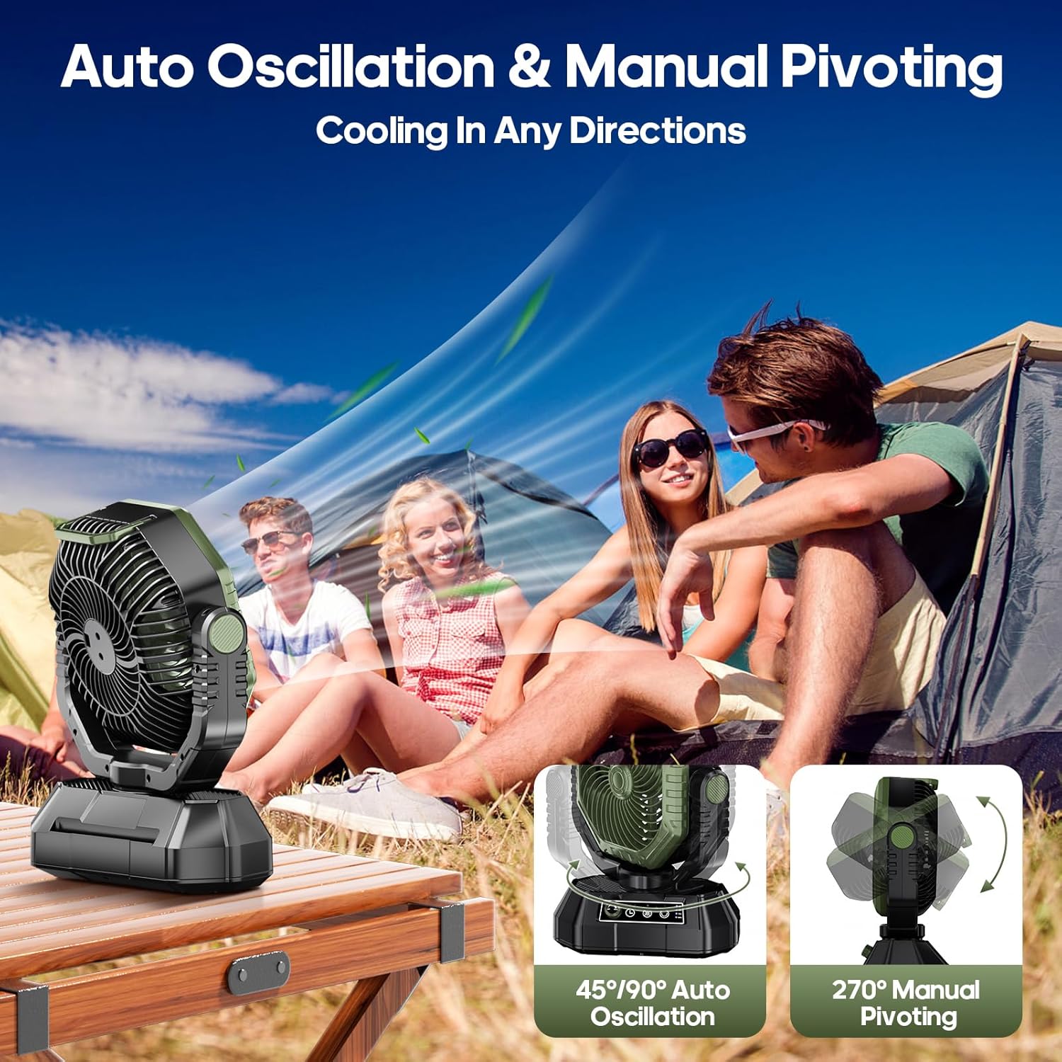 AJVV Camping Fan Rechargeable, Battery Powered Fan With Remote Controller, LED Light, Dual Motors, Stepless Speed, 90°/270° Swing,Timer, Portable fan For Travel Tent Bedroom Beach Fishing, Green