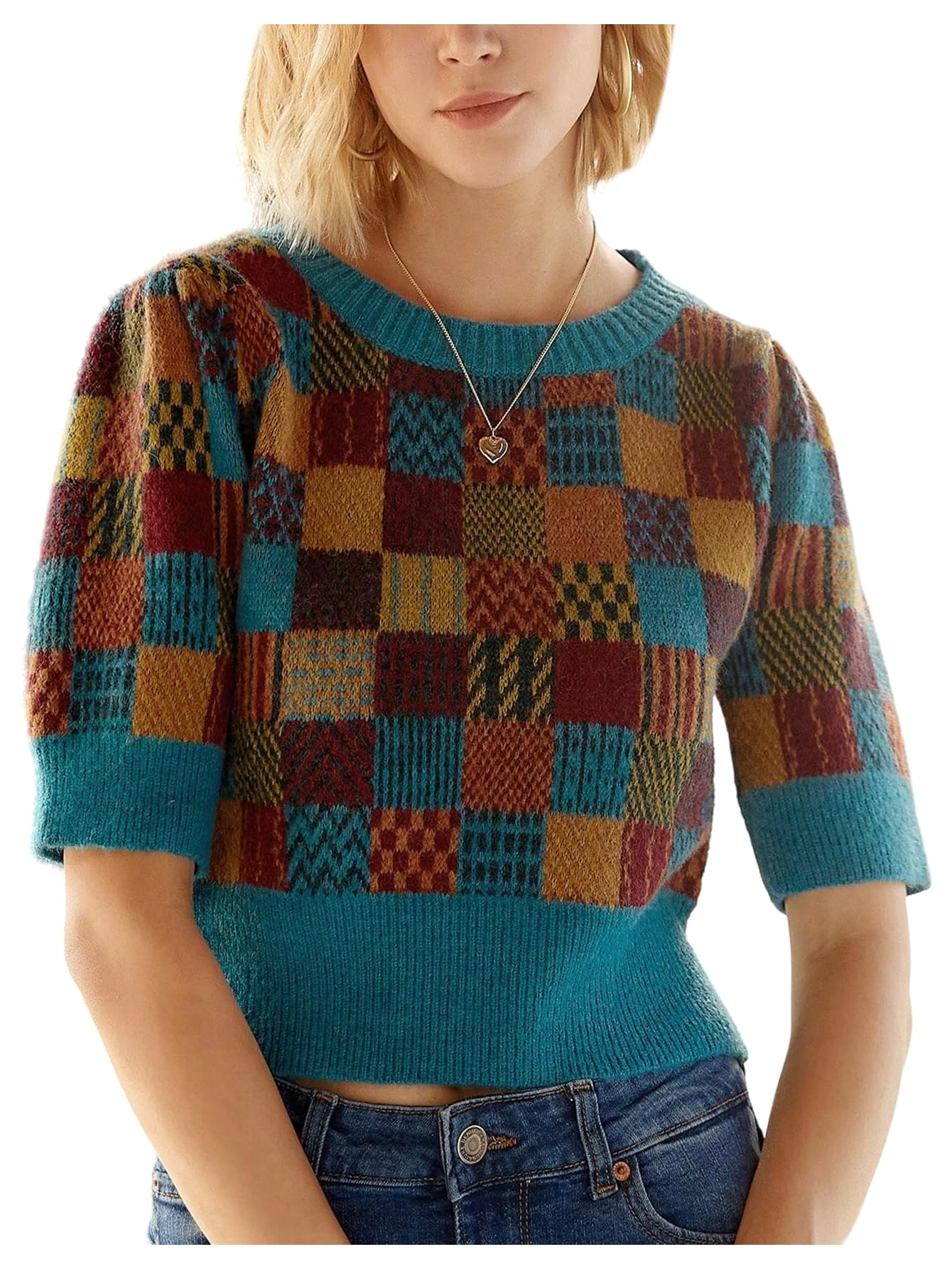 MakeMeChic Womens Checkered Sweater Crew Neck Long Sleeve Vintage Pullover Crop Tops