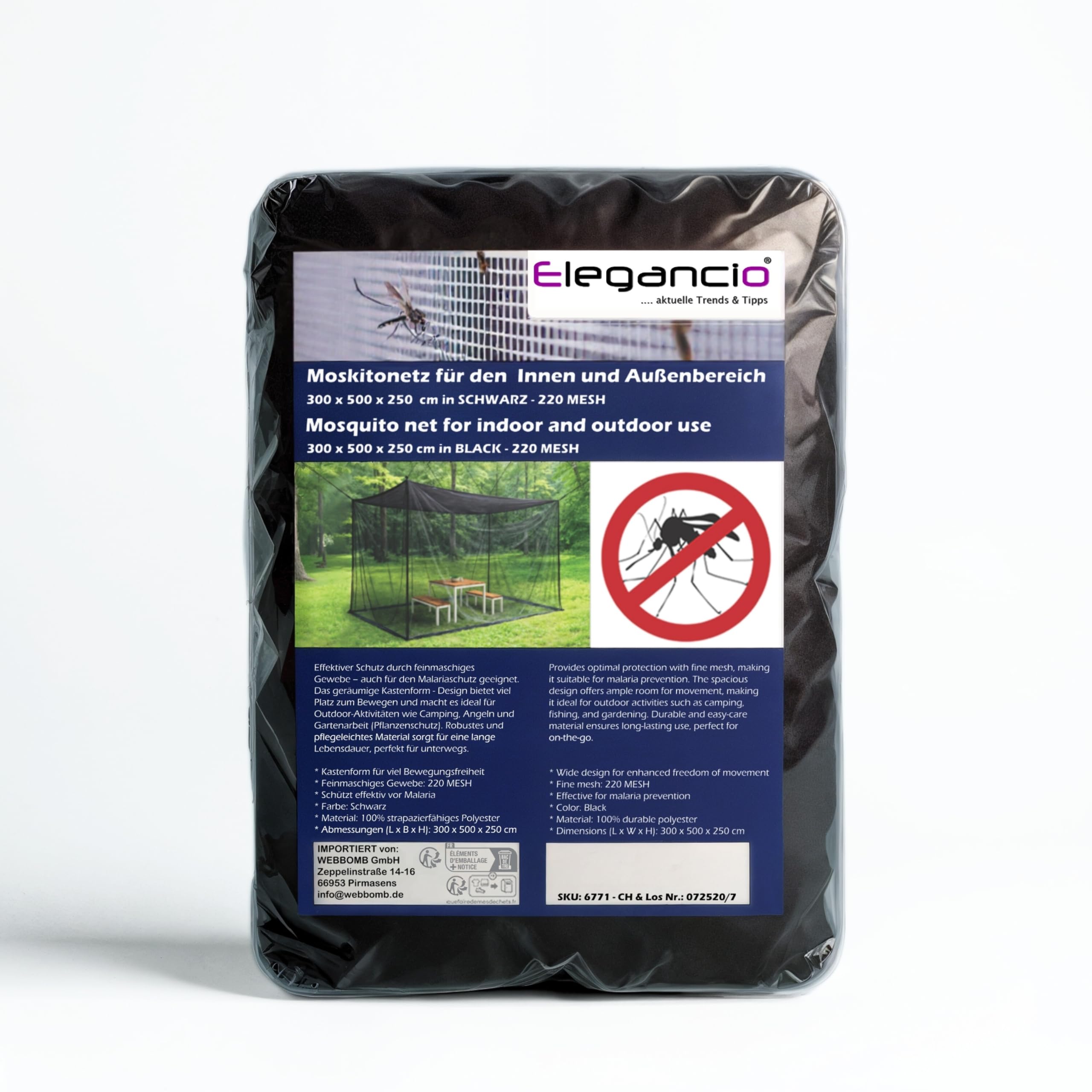 Mosquitera XXL 300 x 500 x 250 cm malla 220 negro 5 m para tienda caravana