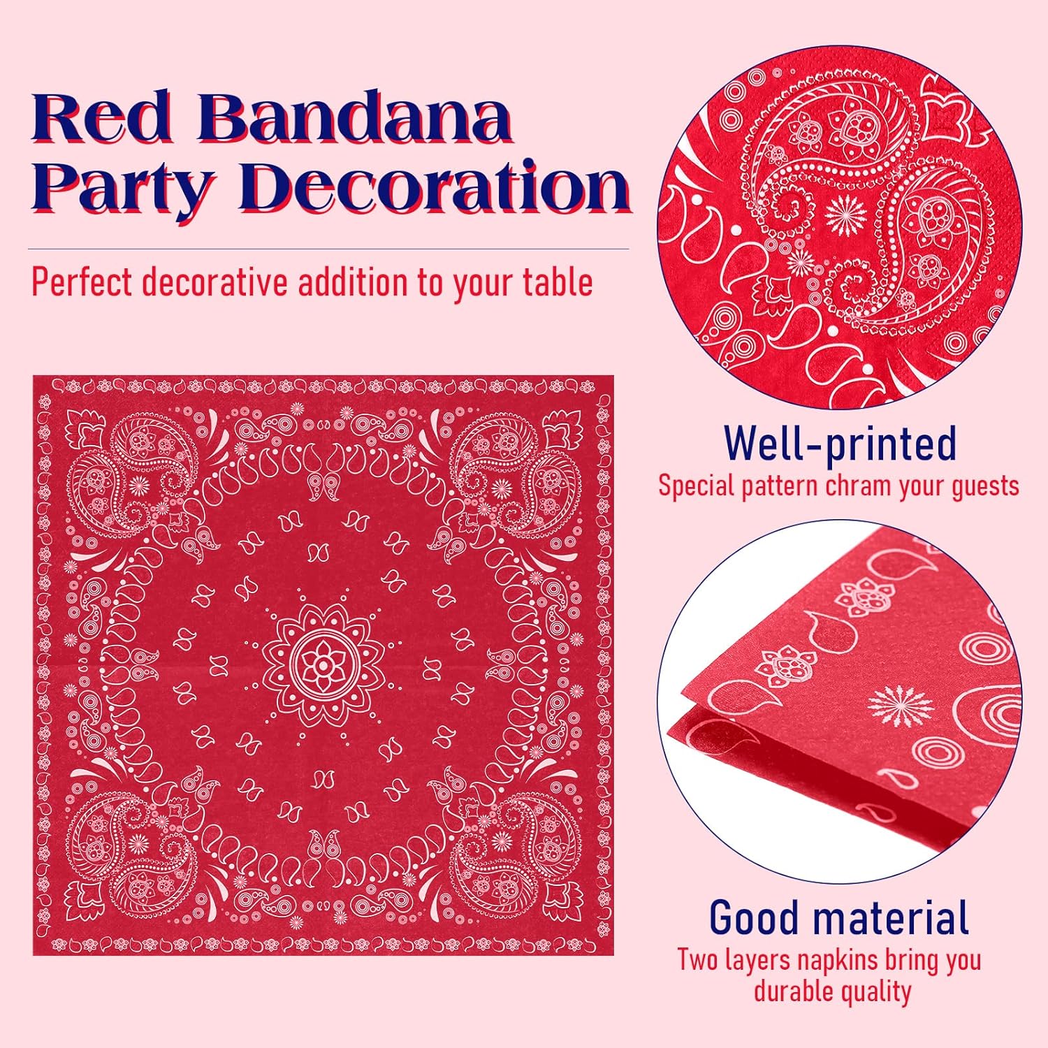 Teling 200 Pcs Western Bandana Napkins 2 Ply Bandana Paper Napkins Bulk Disposable Paisley Print Cocktail Napkin for Western Cowboy Theme Birthday Party Supplies, 6.3 * 6.3"(Red)