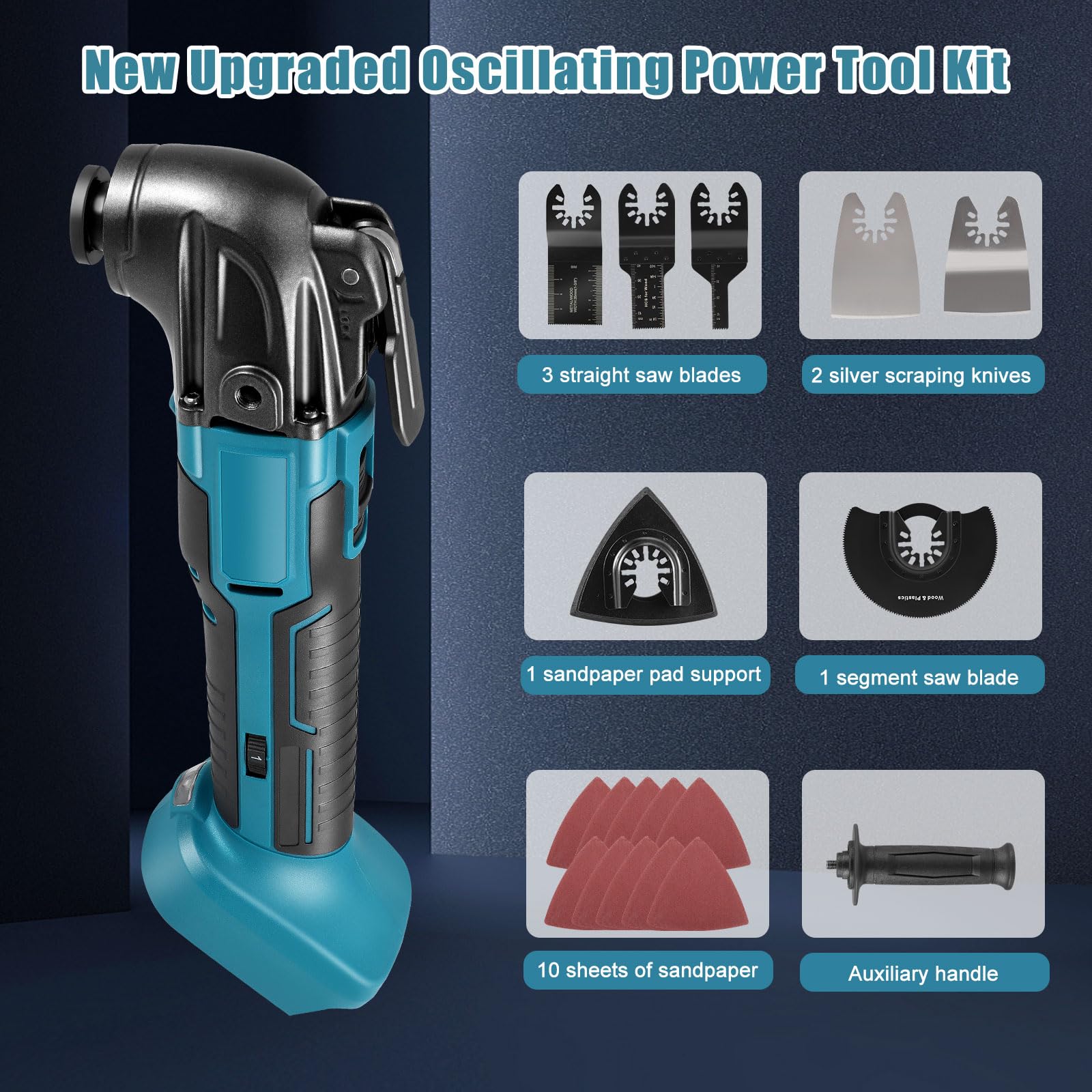 Herramienta oscilante multifuncional, compatible con batería Makita 18 V, 6 velocidades variables, sierra circular, 18 accesorios para tallado, raspado, rectificado
