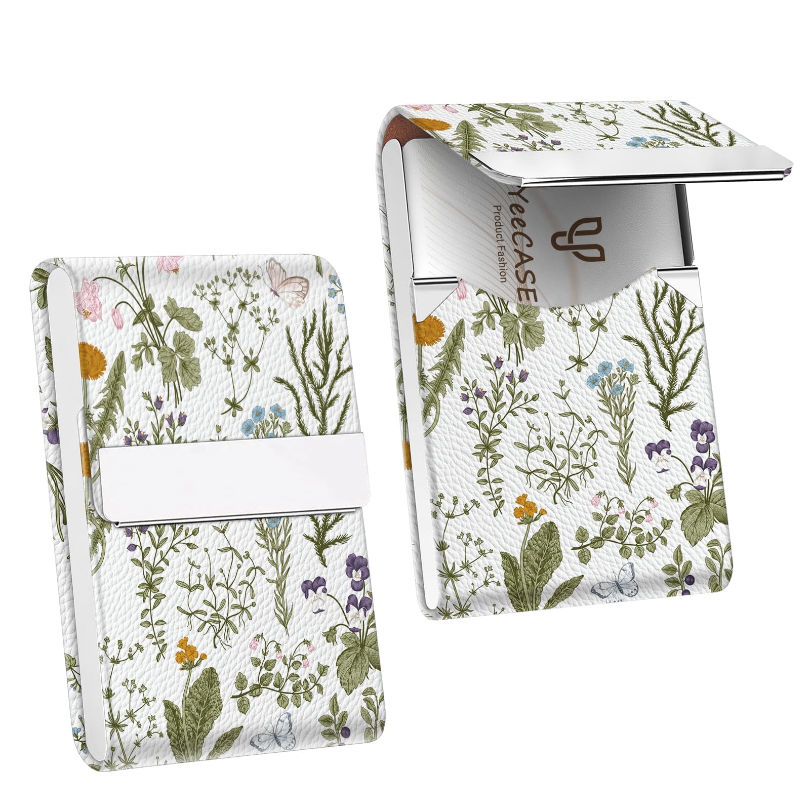 YeeCASE 2Pack Leather Stainless Steel Business Card Holder, Metal Slim Business Card Case for Women or Men, Pocket Business Card Carrier with Prints,