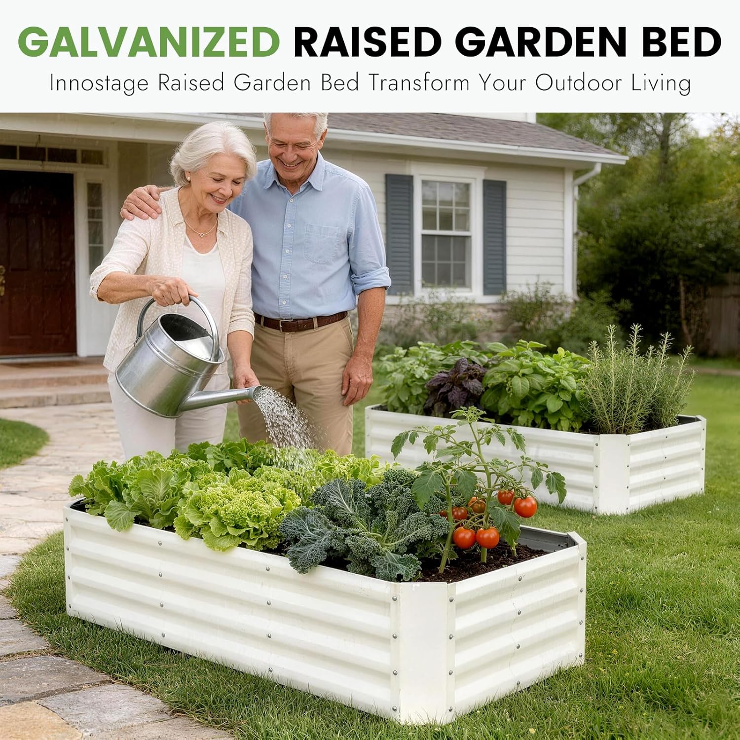 INNO STAGE 2Pcs Galvanized Raised Garden Bed Kit, 4x2x1FT Metal Raised Garden Beds for Vegetables, Rust-Resistant & Easy Assembly, Outdoor Raised Beds for Gardening, Flowers, Herbs (White)