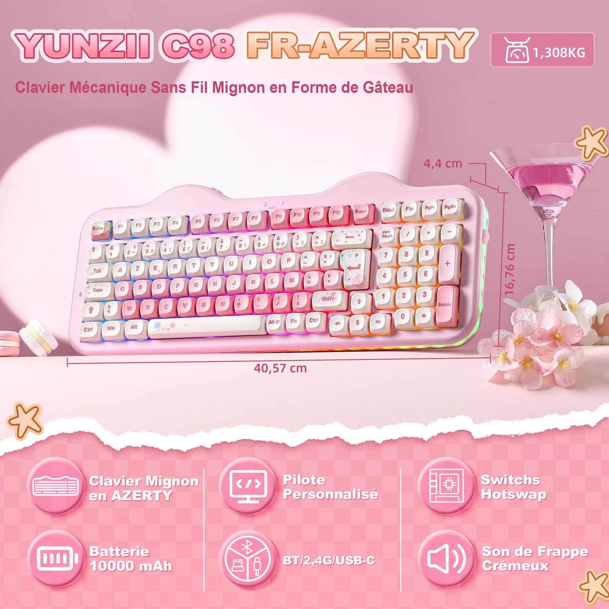 YUNZII C98 AZERTY Clavier Gamer Mécanique sans Fil Gâteaux (Rose, Milk V2)