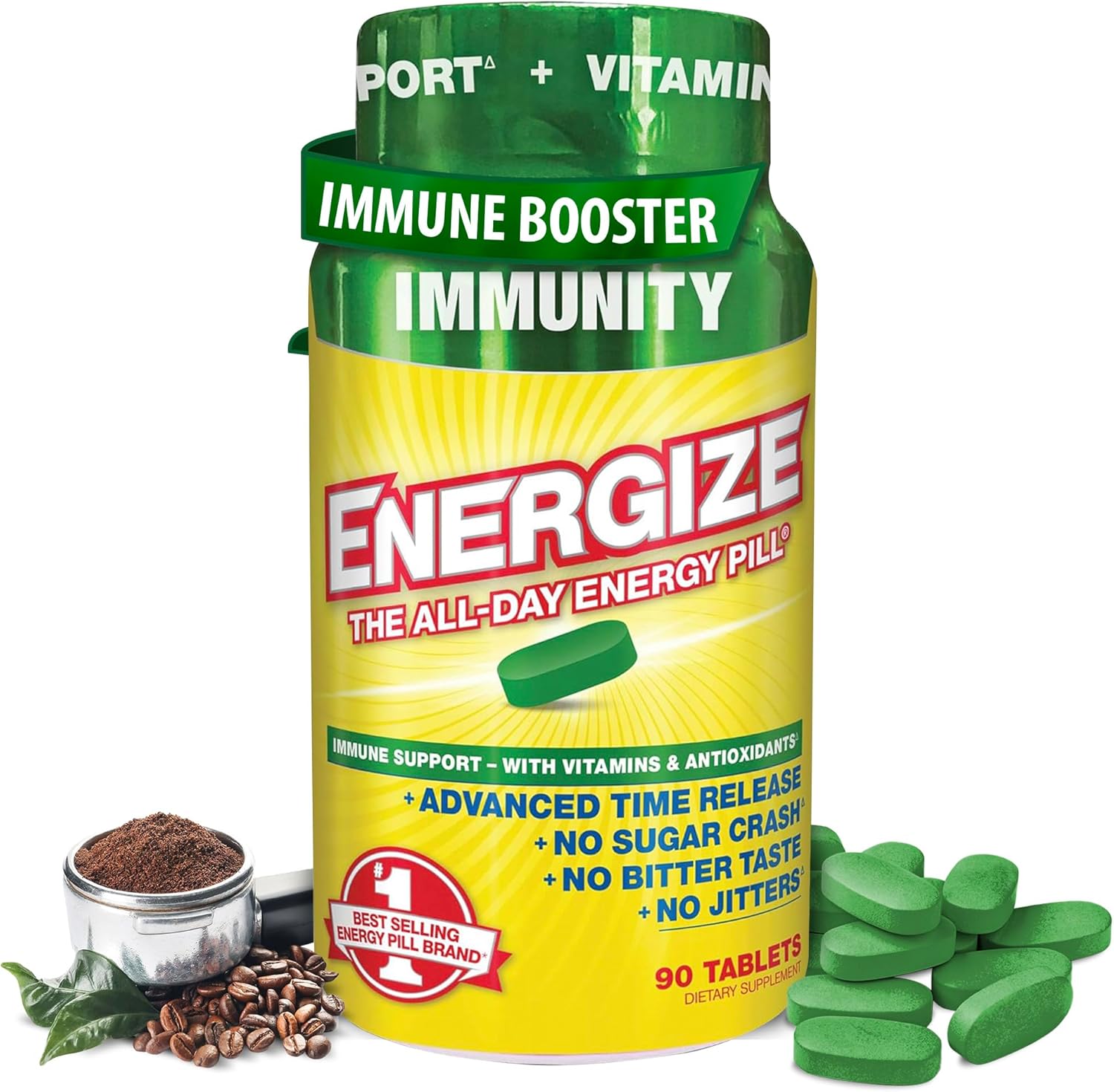 iSatori Energize Immunity Caffeine Pills - Keto Friendly Vitamin A, B12, C, D, & E Supplement + Fast Acting Energy Pill - Daily Immune Support, Super Greens, All Day Energy, No Jitters - 90 Tablets