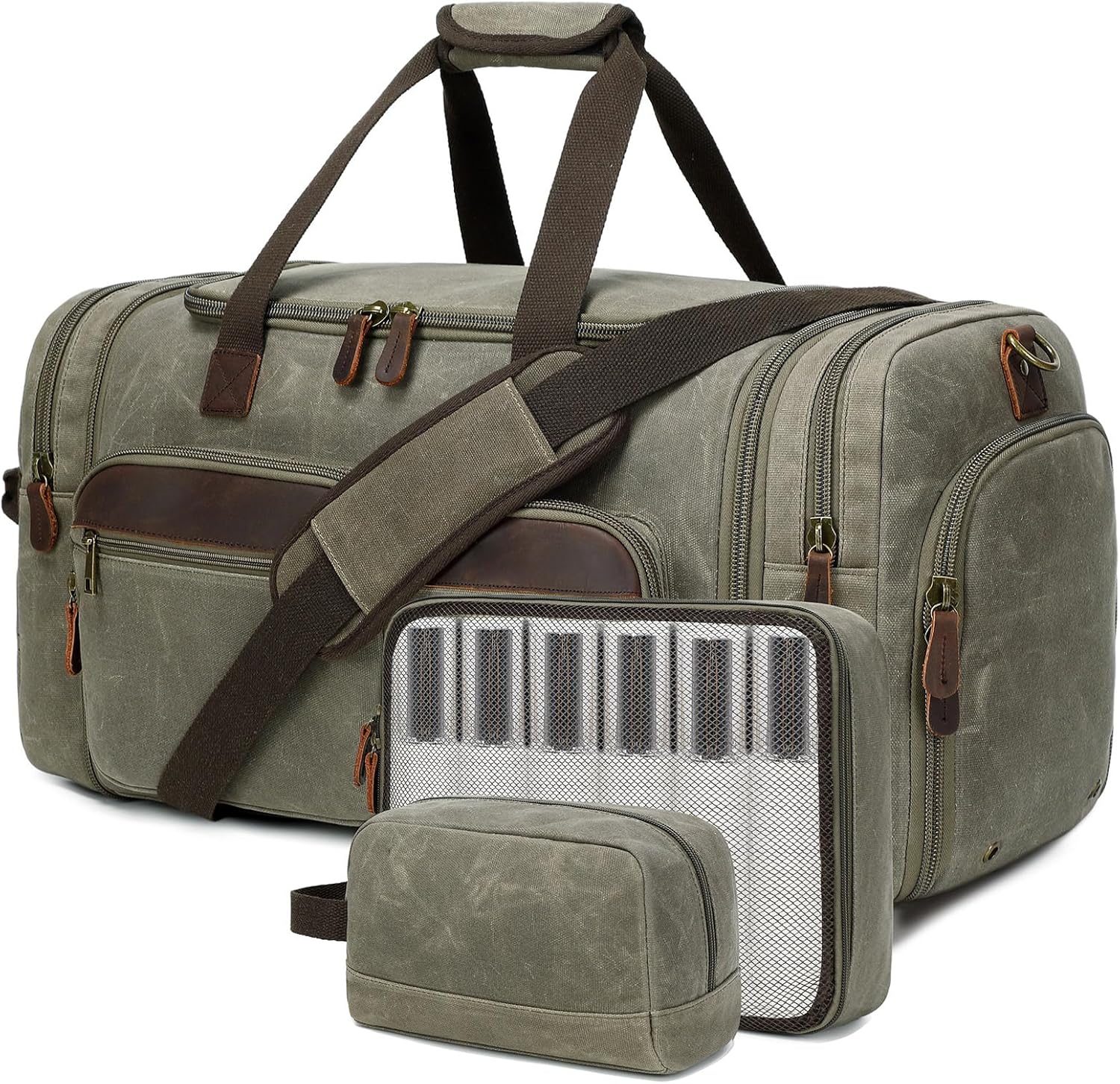 Mens Duffle Bag for Travel 3Pcs Set Travel Bags for Men 60L Expandable Canvas Bag (Army Green)